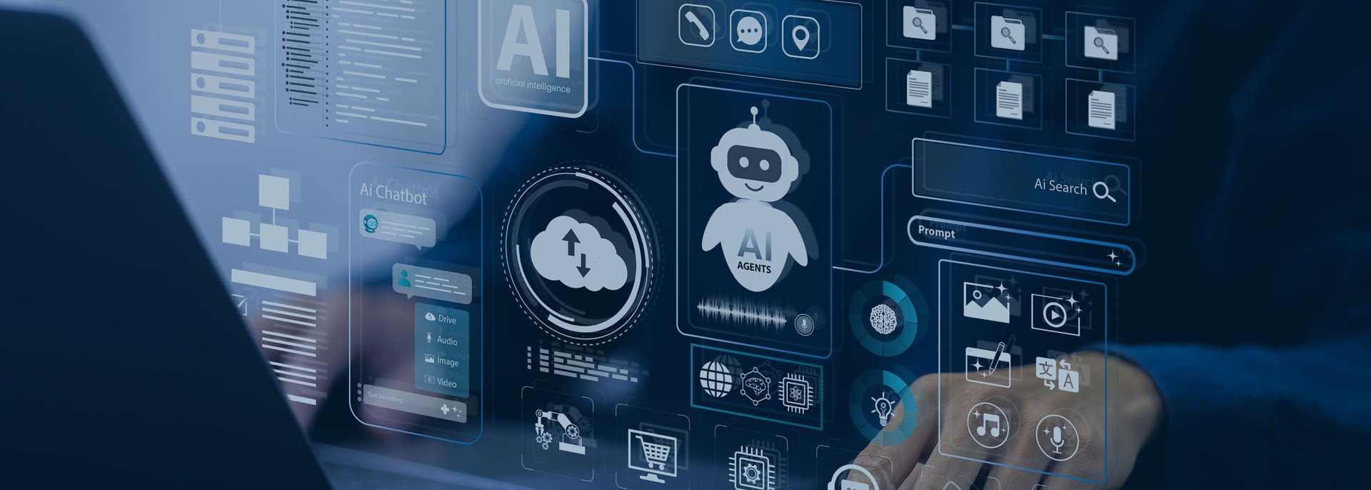 Person using AI agents on screen, including chatbots, AI assistants, and data analytics tools on a laptop. LLM, AI agentic workflows.