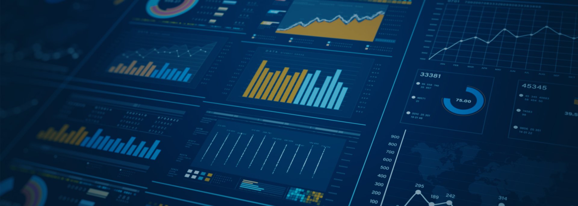 Blue data analytics dashboard display of graphs and charts.
