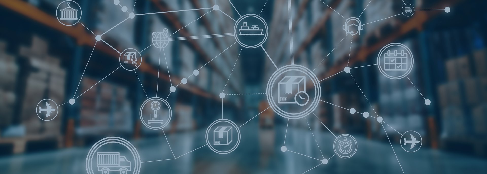 A network of logistics and supply chain icons superimposed over a blurred warehouse, illustrating interconnected systems, transportation, and global distribution.