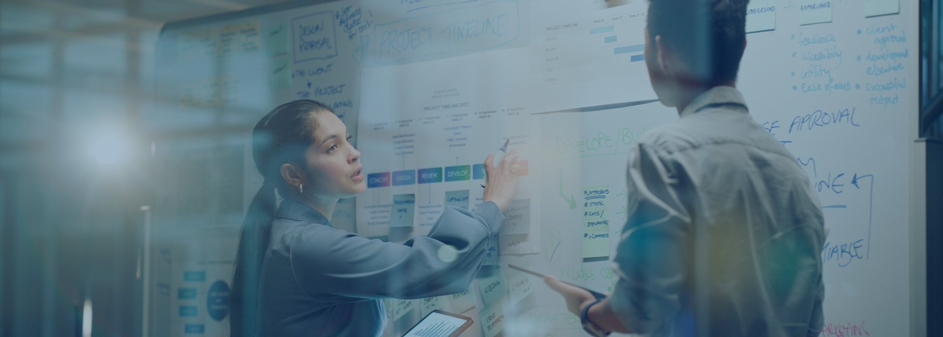 Business people with tablet and digital notes with agenda storyboard