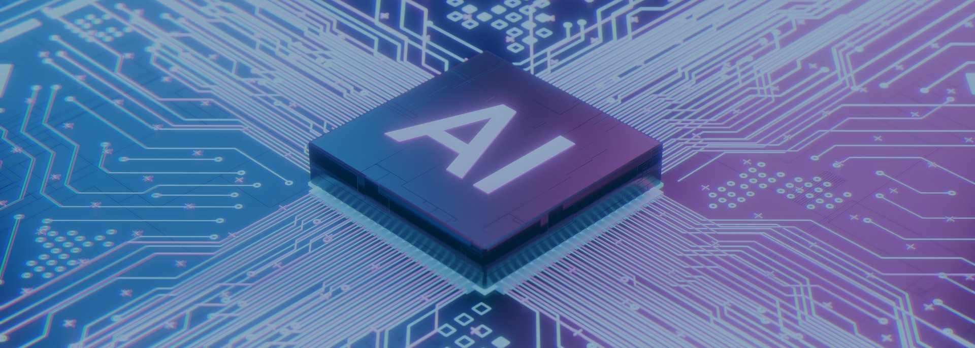AI microprocessor on motherboard computer circuit. Artificial intelligence integrated inside Central Processors Unit or CPU chip, 3d rendering futuristic digital data technology concept.