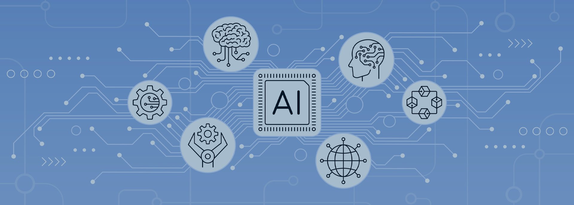 Artificial intelligence concept with icons, nodes and abstract design elements.