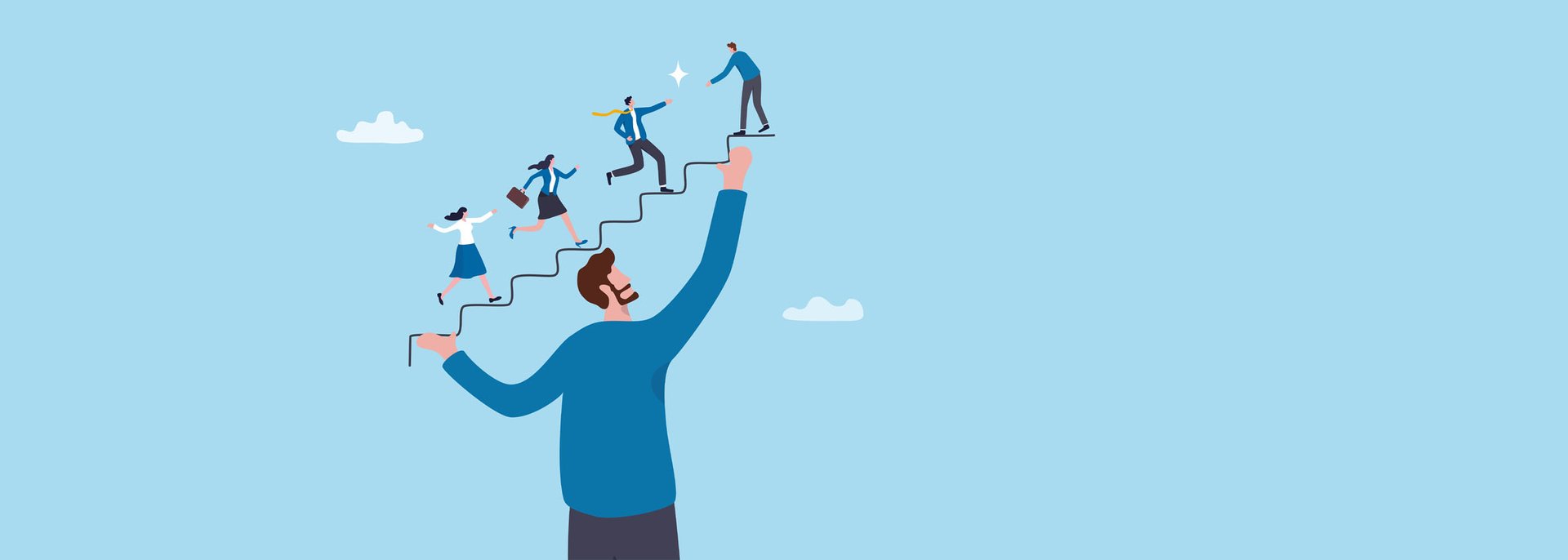 Graphic of a man holding a growing staircase of people who are climbing toward success.