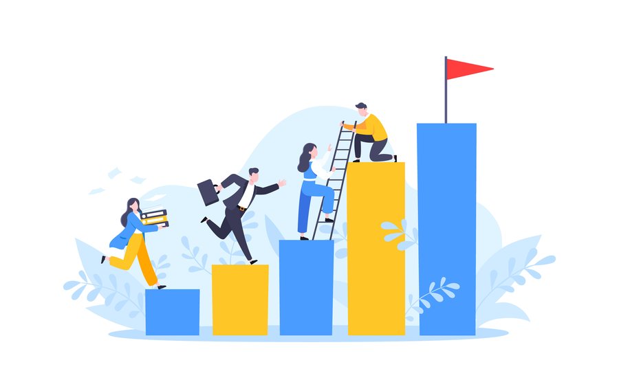 Graphic of people climbing stairs and helping each other.